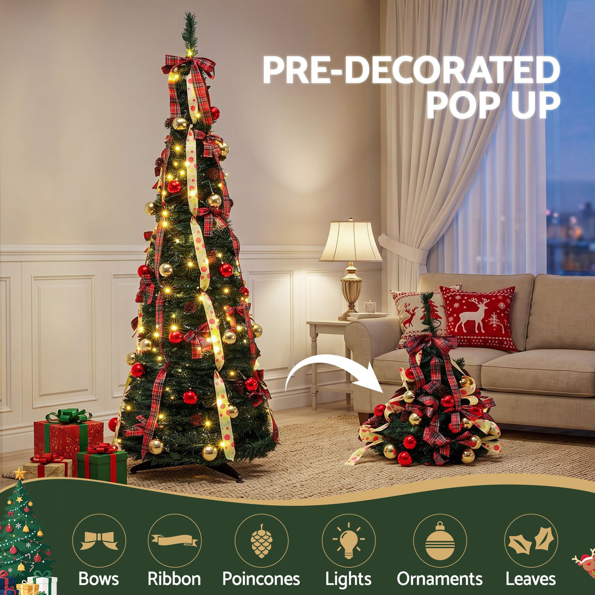 Jingle Jollys Pop Up Christmas Tree Pre Decorated Artificial 197cm