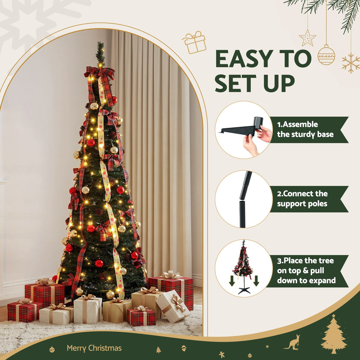 Jingle Jollys Pop Up Christmas Tree Pre Decorated Artificial 197cm