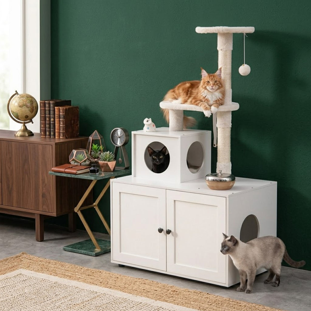 2 in 1 Cat Tree with Litter Box Enclosure Sisal Scratching Posts Cat Condo