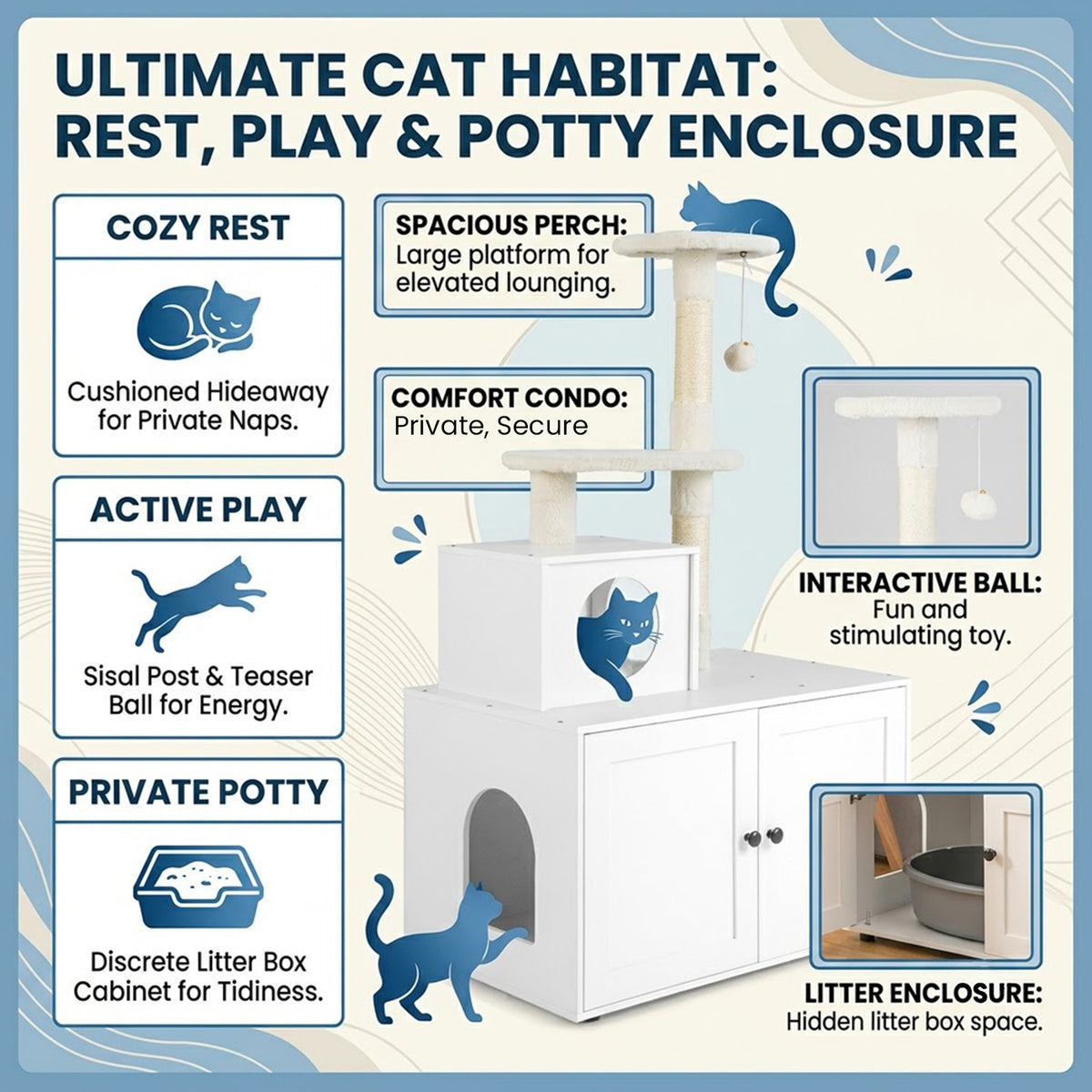 2 in 1 Cat Tree with Litter Box Enclosure Sisal Scratching Posts Cat Condo