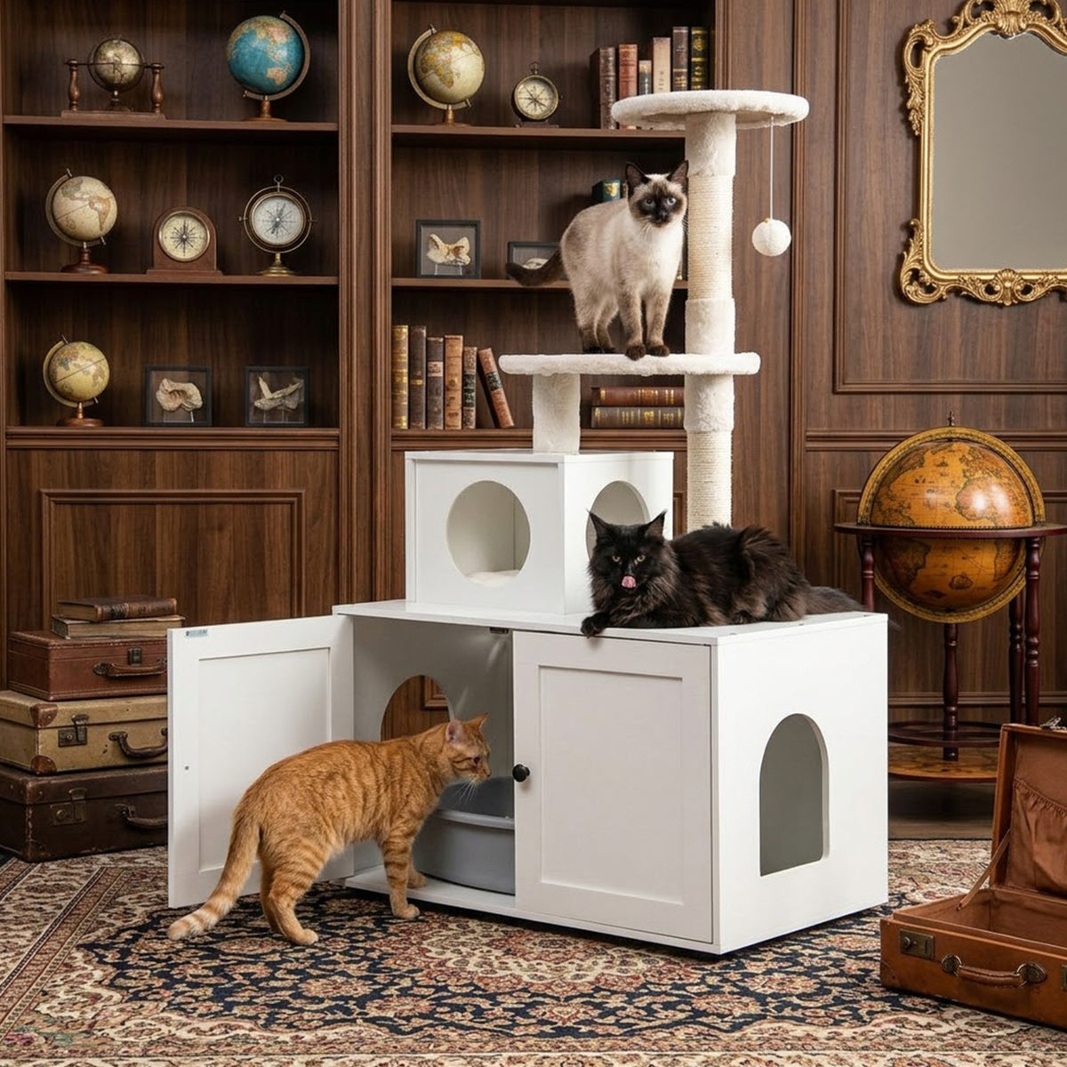 2 in 1 Cat Tree with Litter Box Enclosure Sisal Scratching Posts Cat Condo