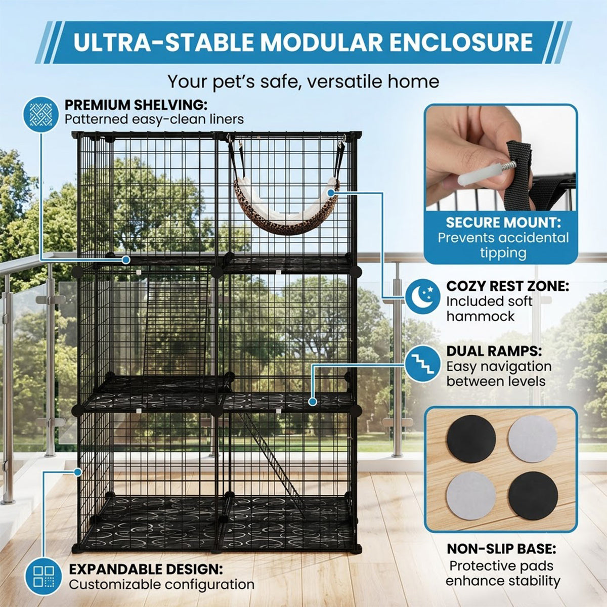 107cm 3 Tier Large Cat Cage with Hammock Sky Window Small Pet Playpen Black
