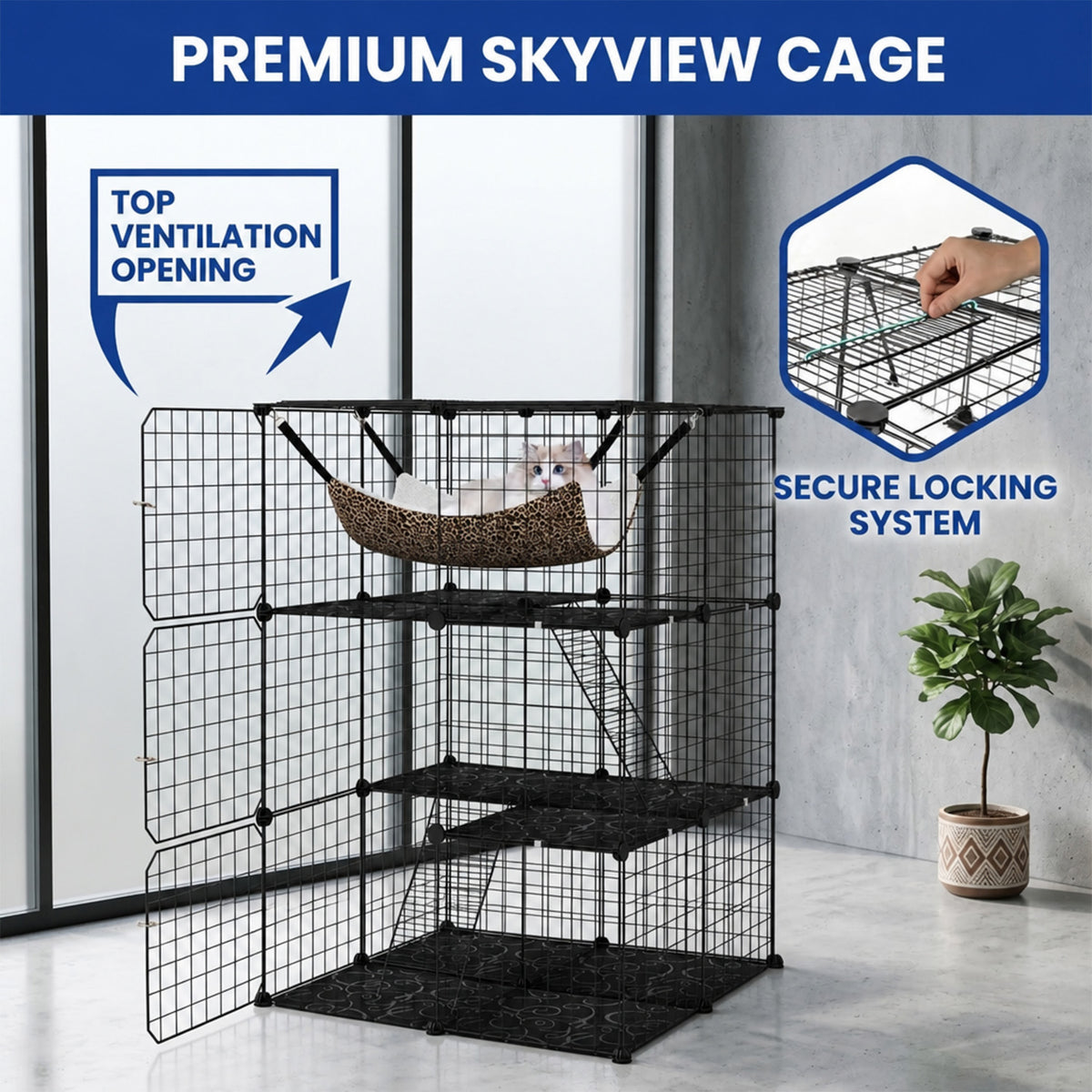 107cm 3 Tier Large Cat Cage with Hammock Sky Window Small Pet Playpen Black