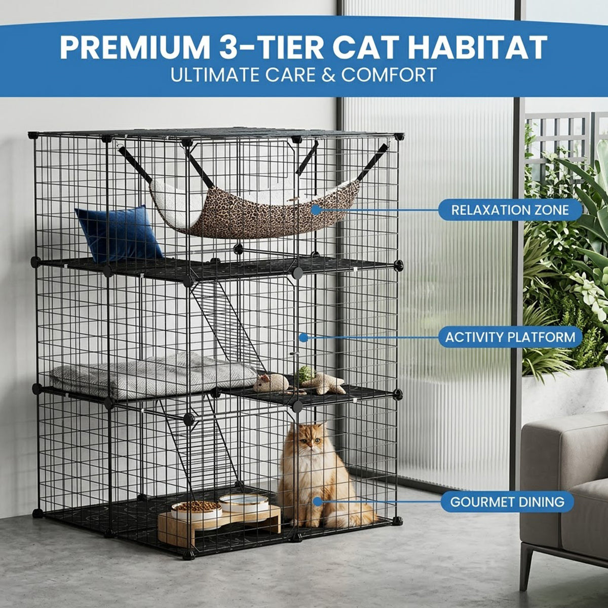 107cm 3 Tier Large Cat Cage with Hammock Sky Window Small Pet Playpen Black