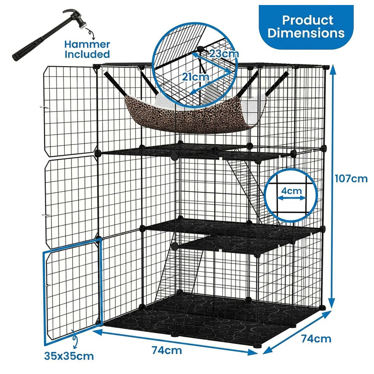107cm 3 Tier Large Cat Cage with Hammock Sky Window Small Pet Playpen Black