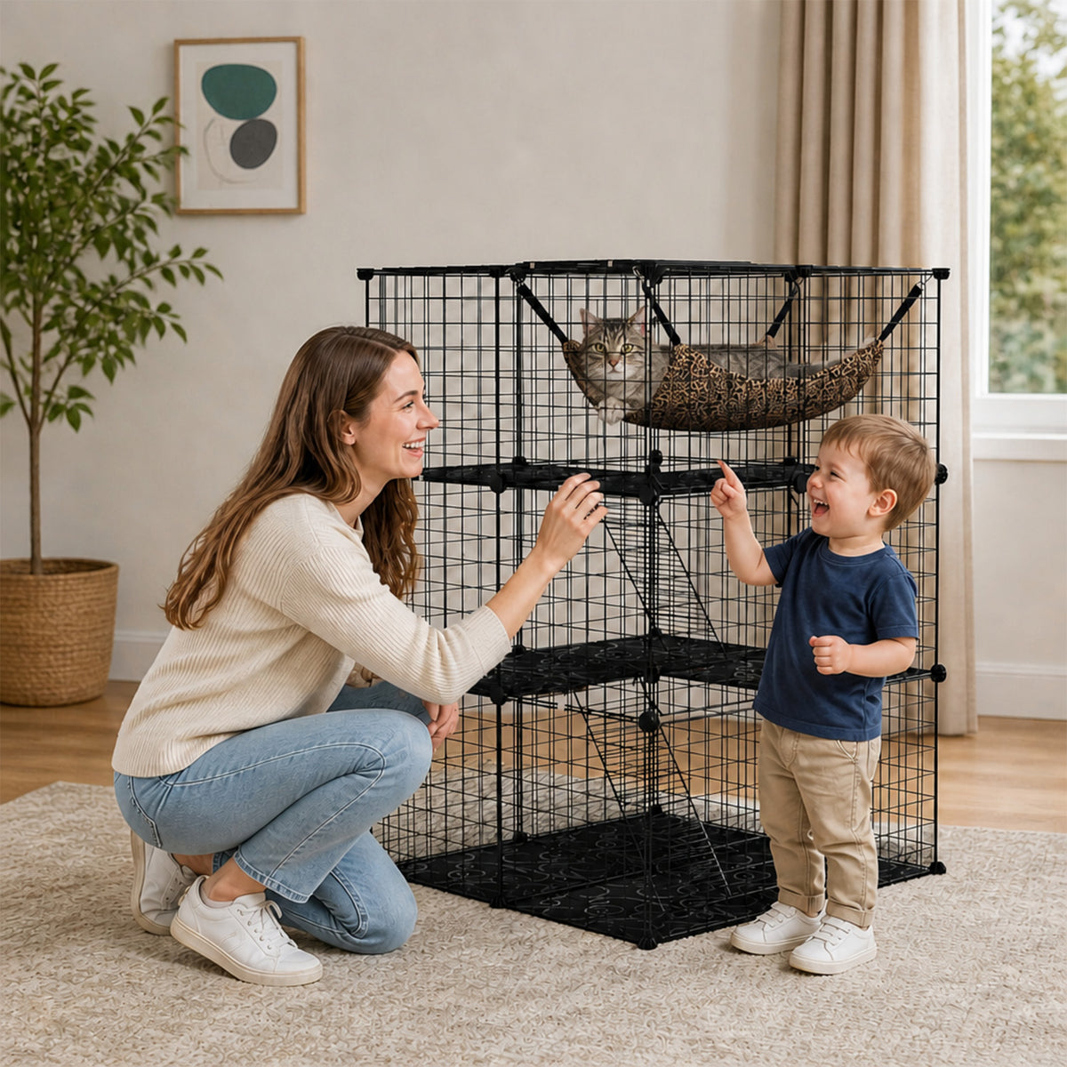 107cm 3 Tier Large Cat Cage with Hammock Sky Window Small Pet Playpen Black