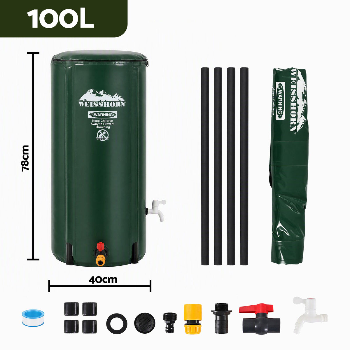 Weisshorn 100L Collapsible Rain Barrel PVC Water Tank Storage Irrigation Green