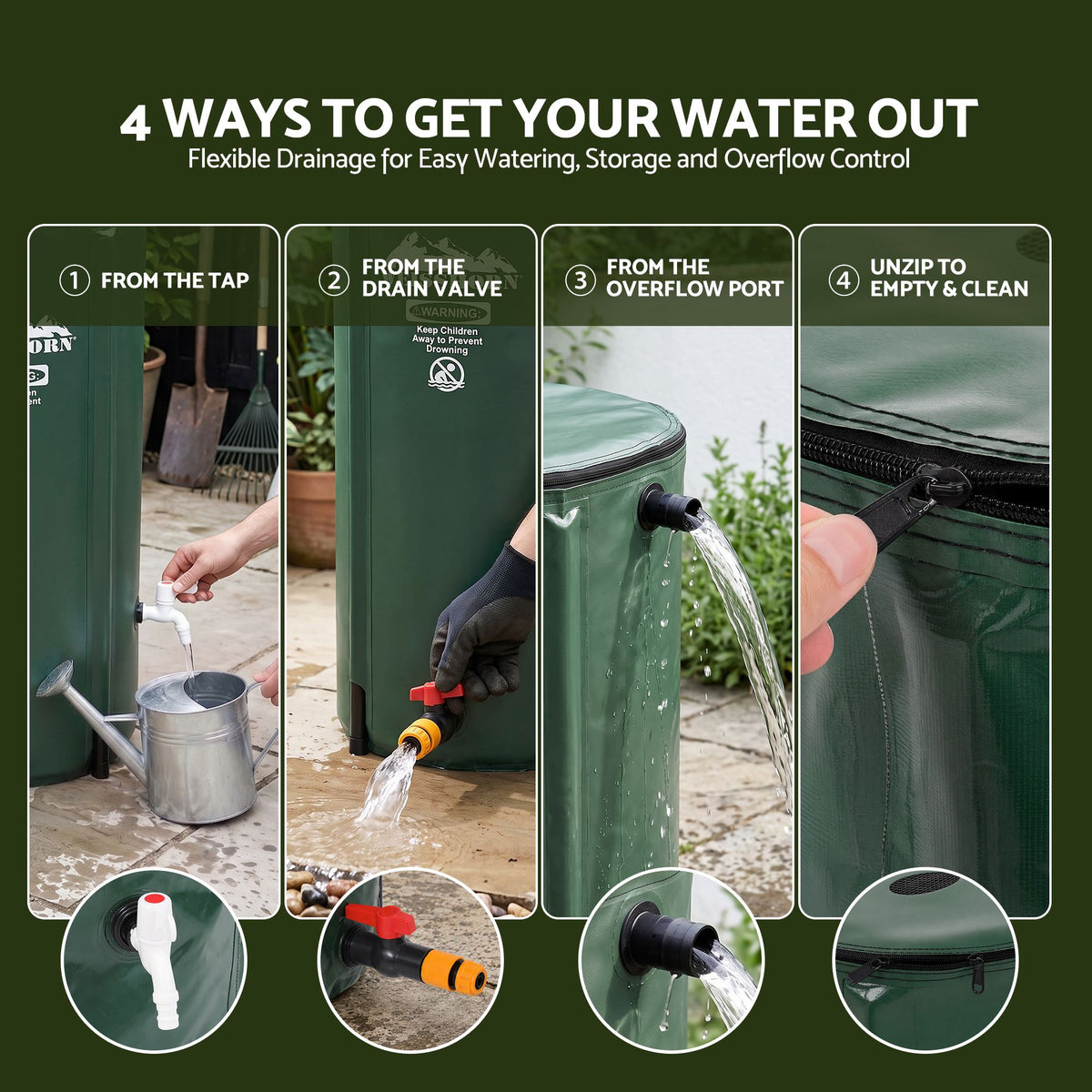 Weisshorn 100L Collapsible Rain Barrel PVC Water Tank Storage Irrigation Green
