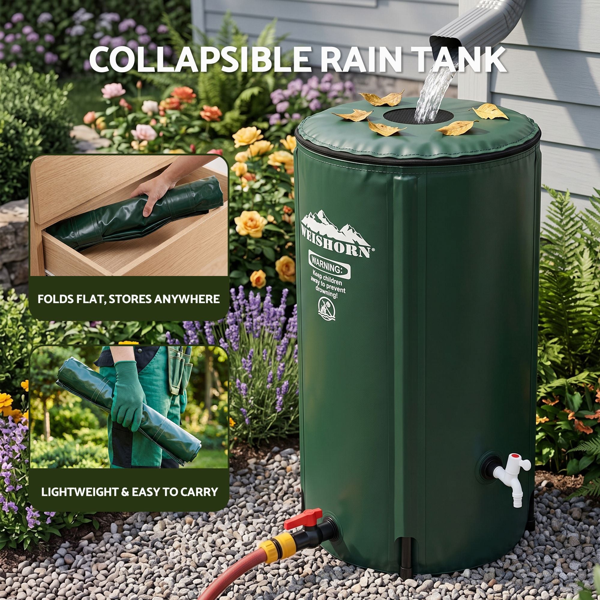 Weisshorn 100L Collapsible Rain Barrel PVC Water Tank Storage Irrigation Green