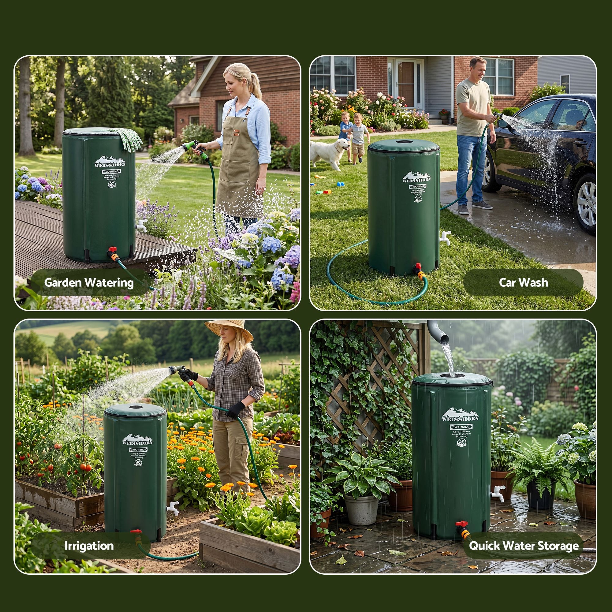 Weisshorn 100L Collapsible Rain Barrel PVC Water Tank Storage Irrigation Green