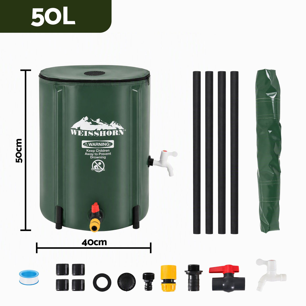 Weisshorn 50L Collapsible Rain Barrel PVC Water Tank Storage Irrigation Green
