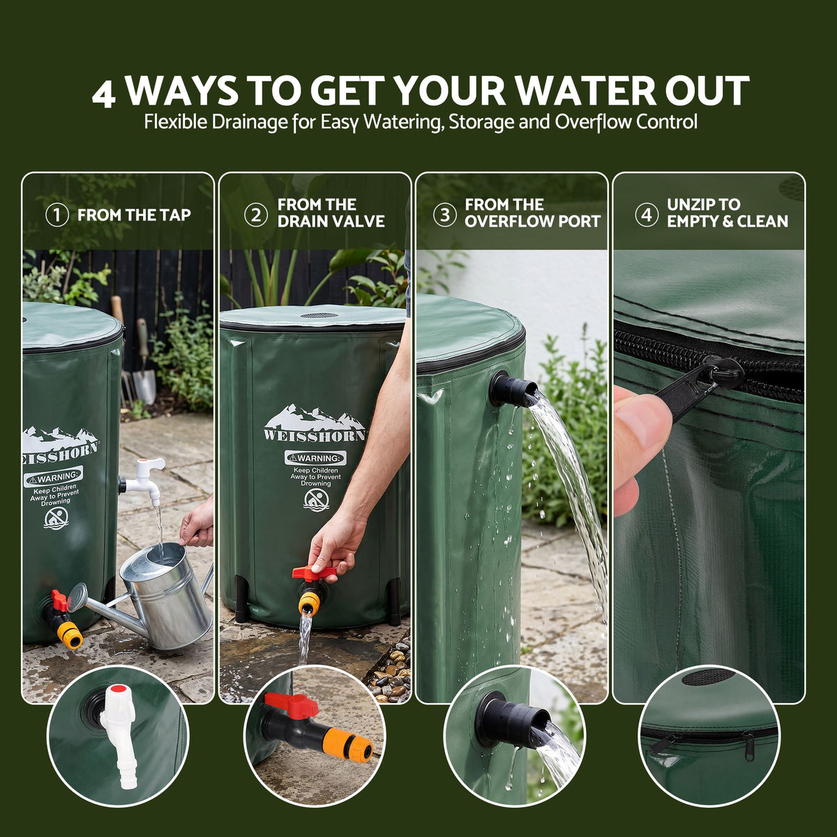 Weisshorn 50L Collapsible Rain Barrel PVC Water Tank Storage Irrigation Green