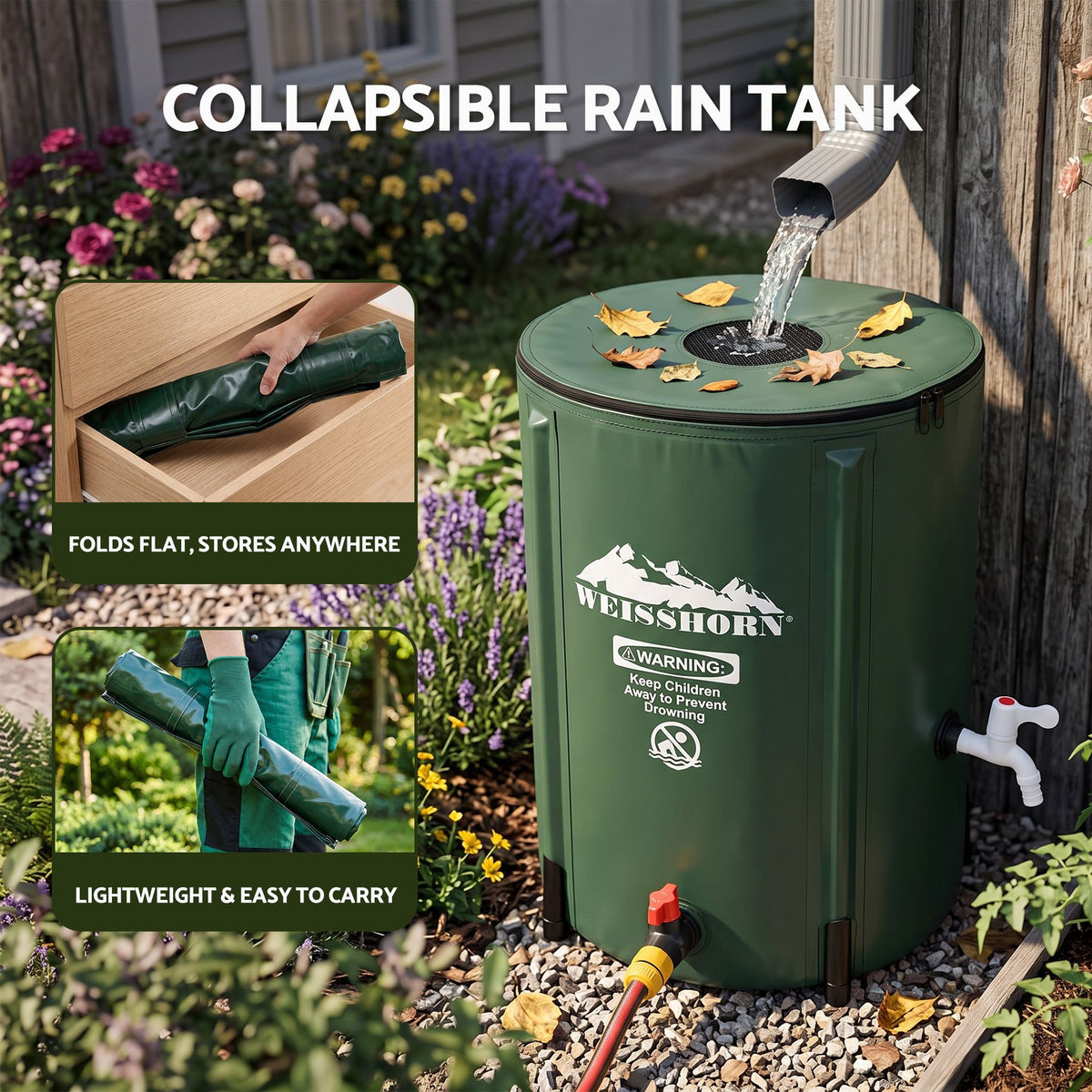 Weisshorn 50L Collapsible Rain Barrel PVC Water Tank Storage Irrigation Green