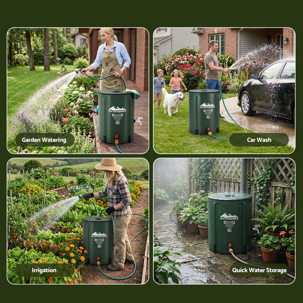 Weisshorn 50L Collapsible Rain Barrel PVC Water Tank Storage Irrigation Green