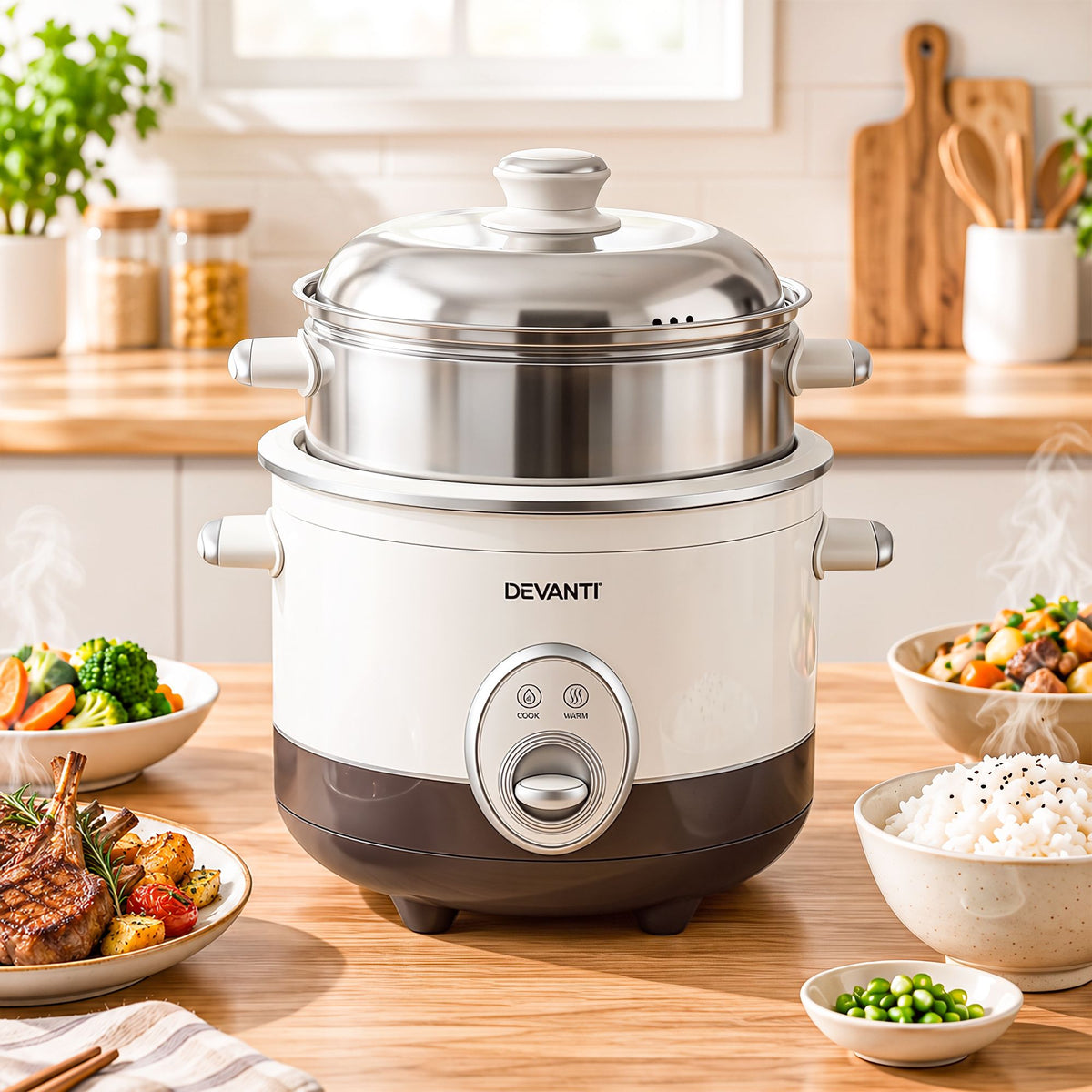 Devanti 3L Rice Cooker Small 6 Cup Multi Steamer Dual-Level Ceramic