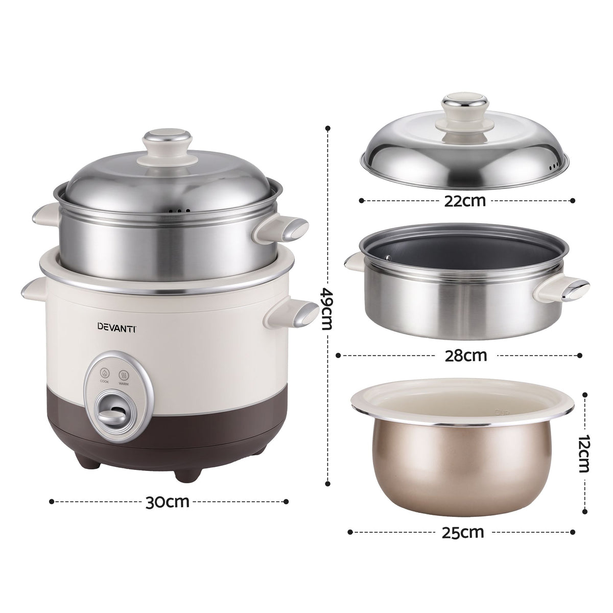 Devanti 3L Rice Cooker Small 6 Cup Multi Steamer Dual-Level Ceramic