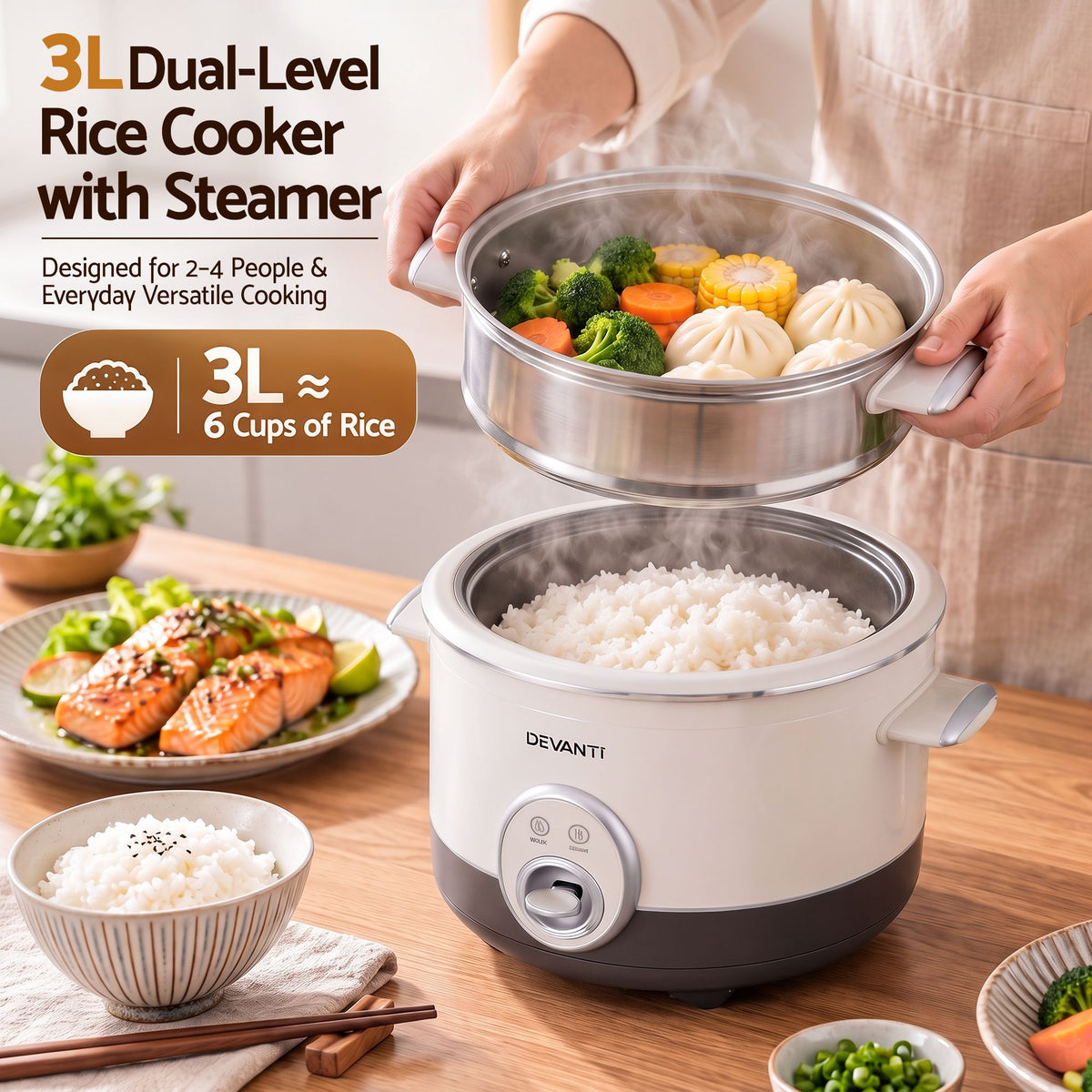 Devanti 3L Rice Cooker Small 6 Cup Multi Steamer Dual-Level Ceramic