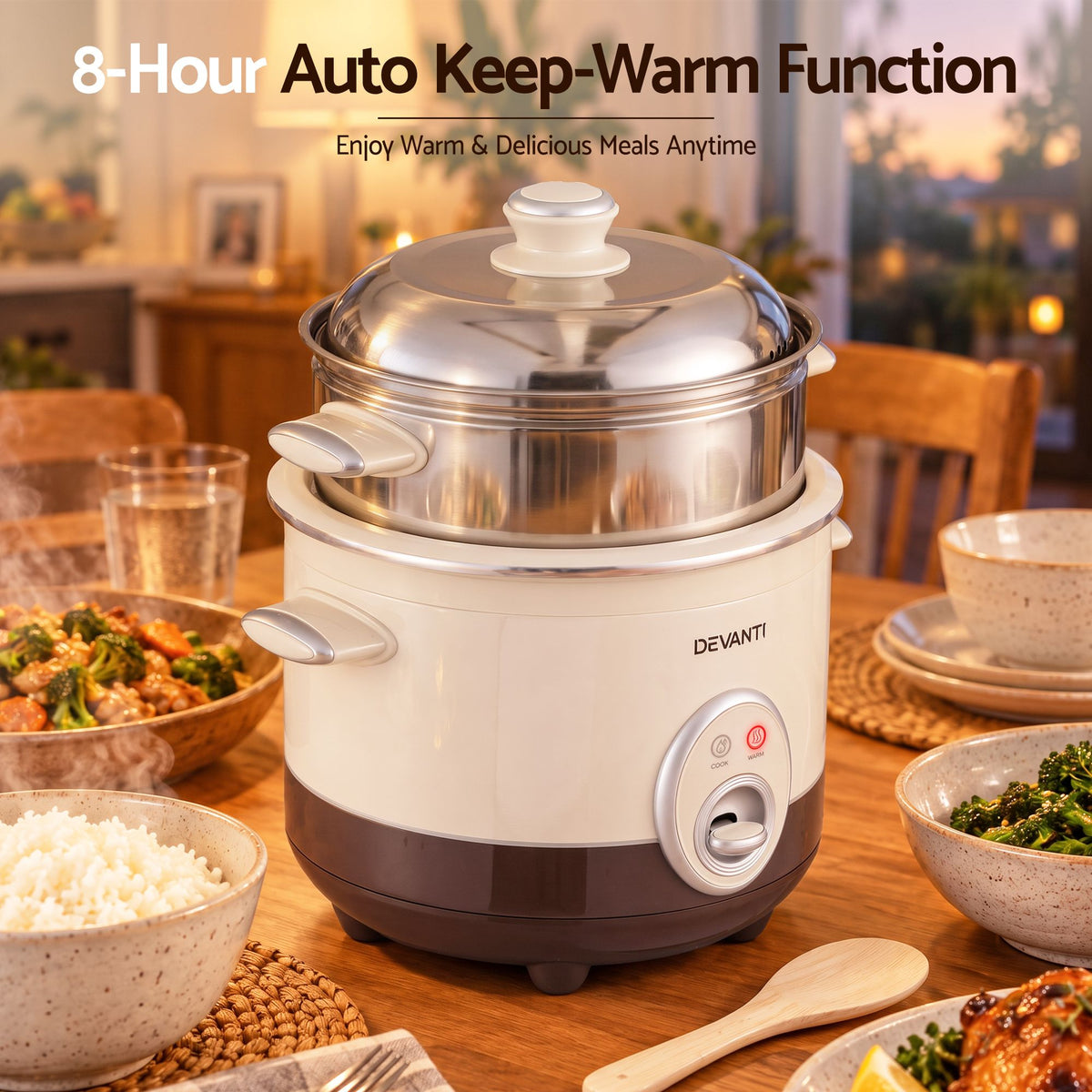 Devanti 3L Rice Cooker Small 6 Cup Multi Steamer Dual-Level Ceramic