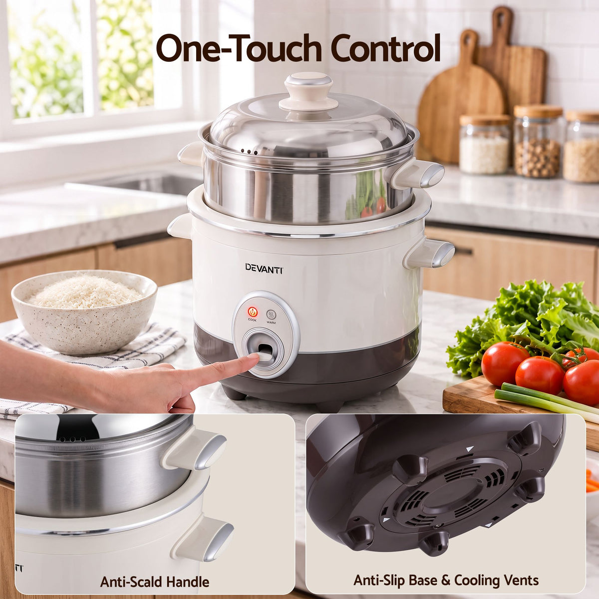 Devanti 3L Rice Cooker Small 6 Cup Multi Steamer Dual-Level Ceramic
