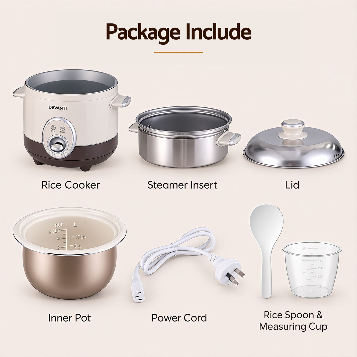 Devanti 3L Rice Cooker Small 6 Cup Multi Steamer Dual-Level Ceramic