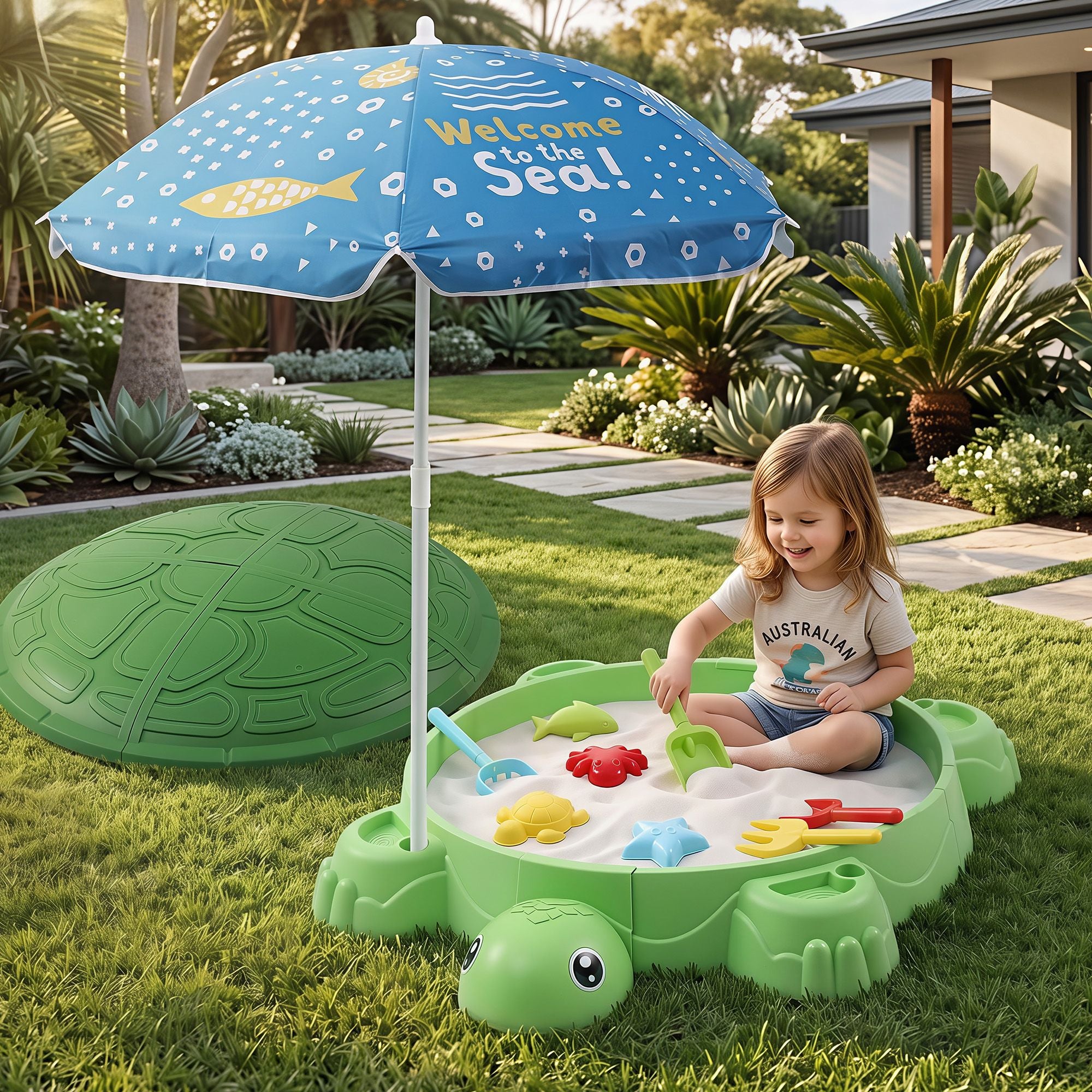 Keezi Kids Sandpit Turtle Sandbox Toys with Umbrella Lid & 8 Accessories Green