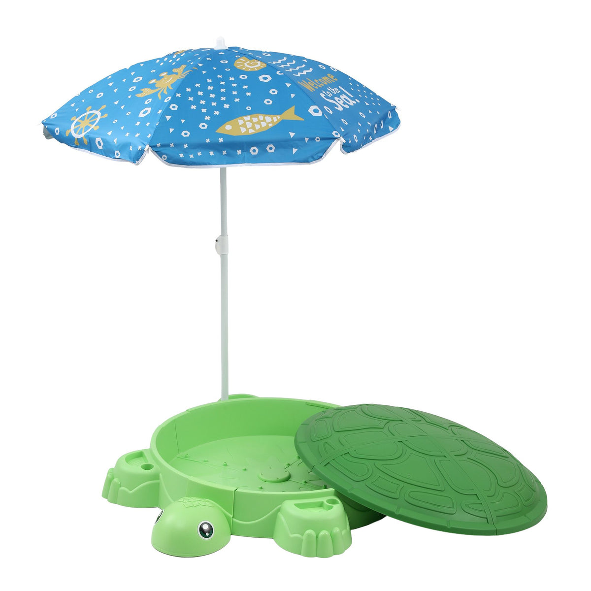 Keezi Kids Sandpit Turtle Sandbox Toys with Umbrella Lid & 8 Accessories Green