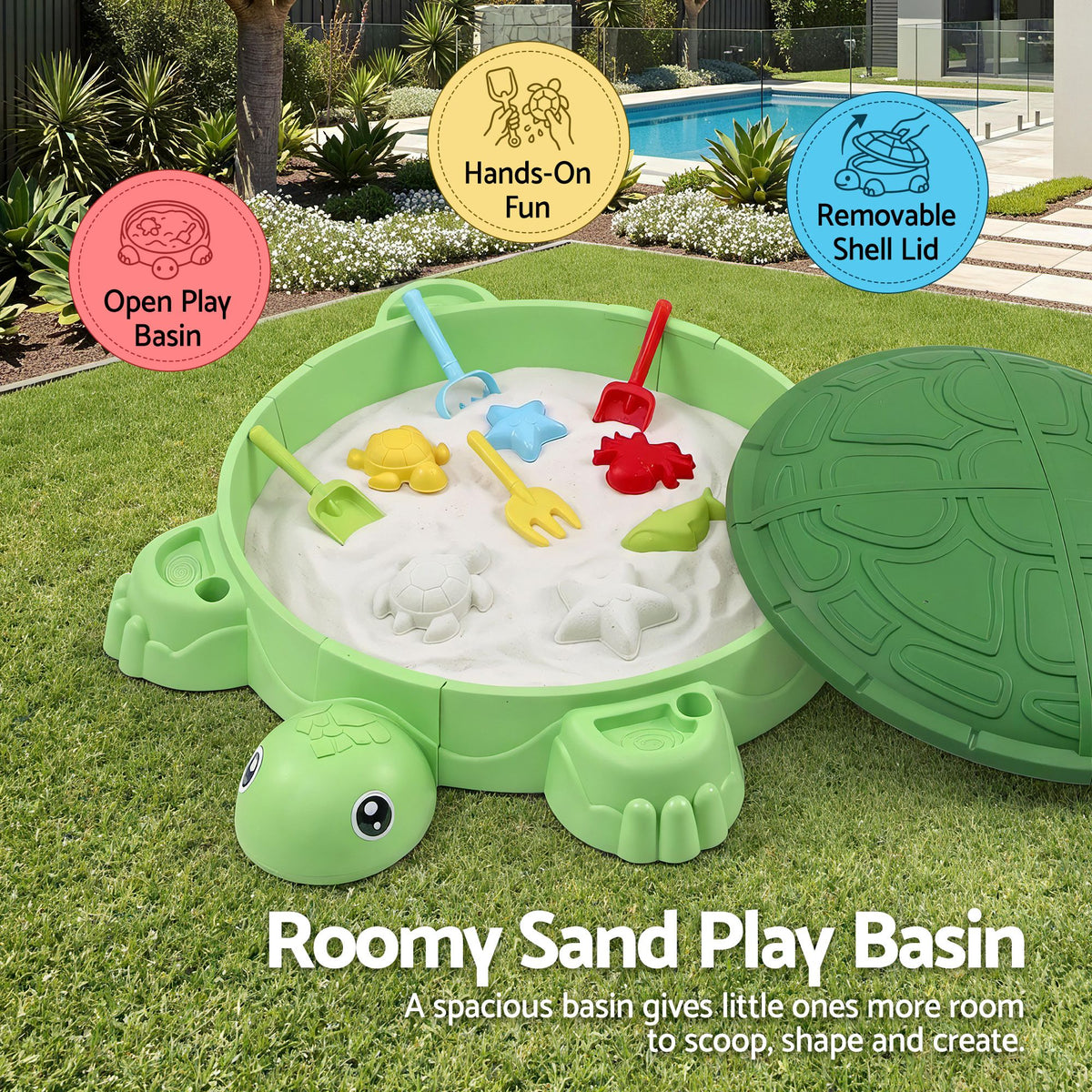 Keezi Kids Sandpit Turtle Sandbox Toys with Umbrella Lid & 8 Accessories Green