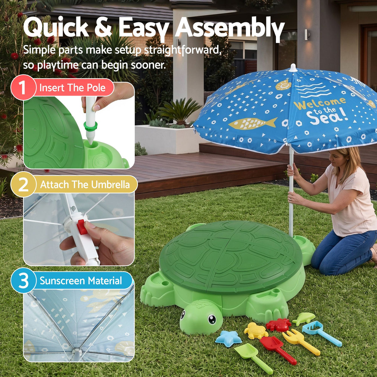 Keezi Kids Sandpit Turtle Sandbox Toys with Umbrella Lid & 8 Accessories Green