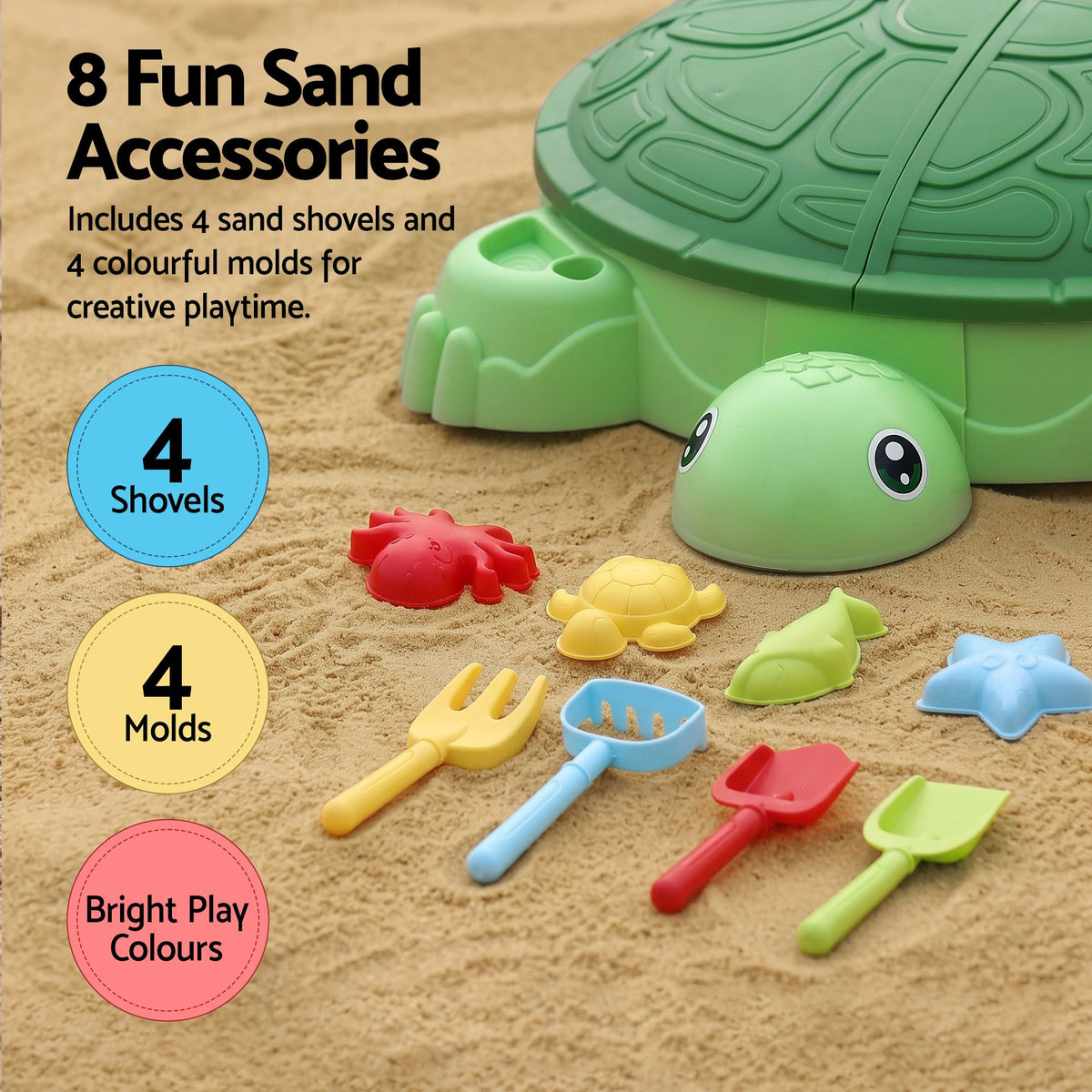 Keezi Kids Sandpit Turtle Sandbox Toys with Umbrella Lid & 8 Accessories Green