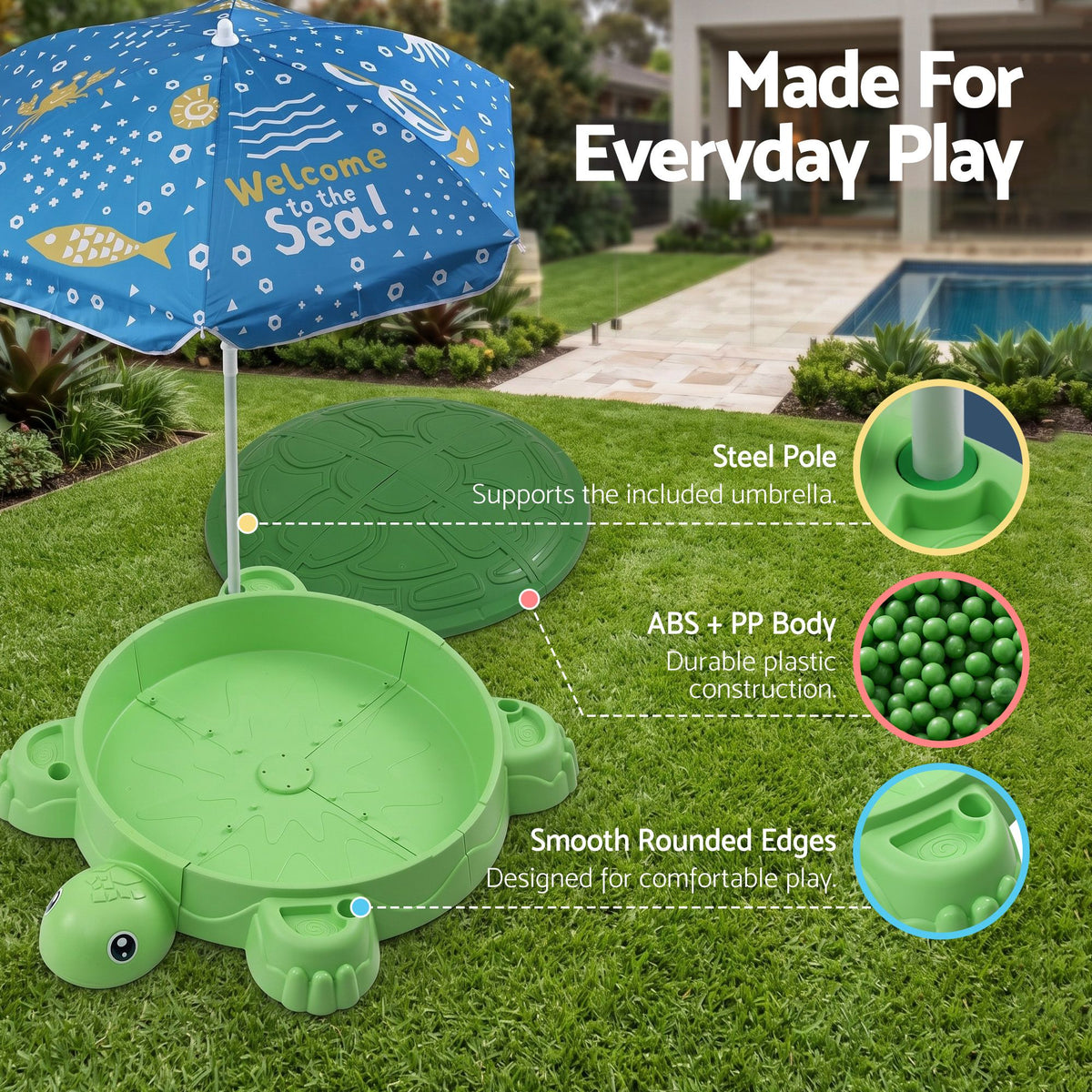 Keezi Kids Sandpit Turtle Sandbox Toys with Umbrella Lid & 8 Accessories Green