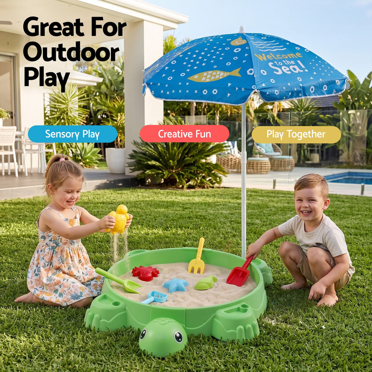 Keezi Kids Sandpit Turtle Sandbox Toys with Umbrella Lid & 8 Accessories Green