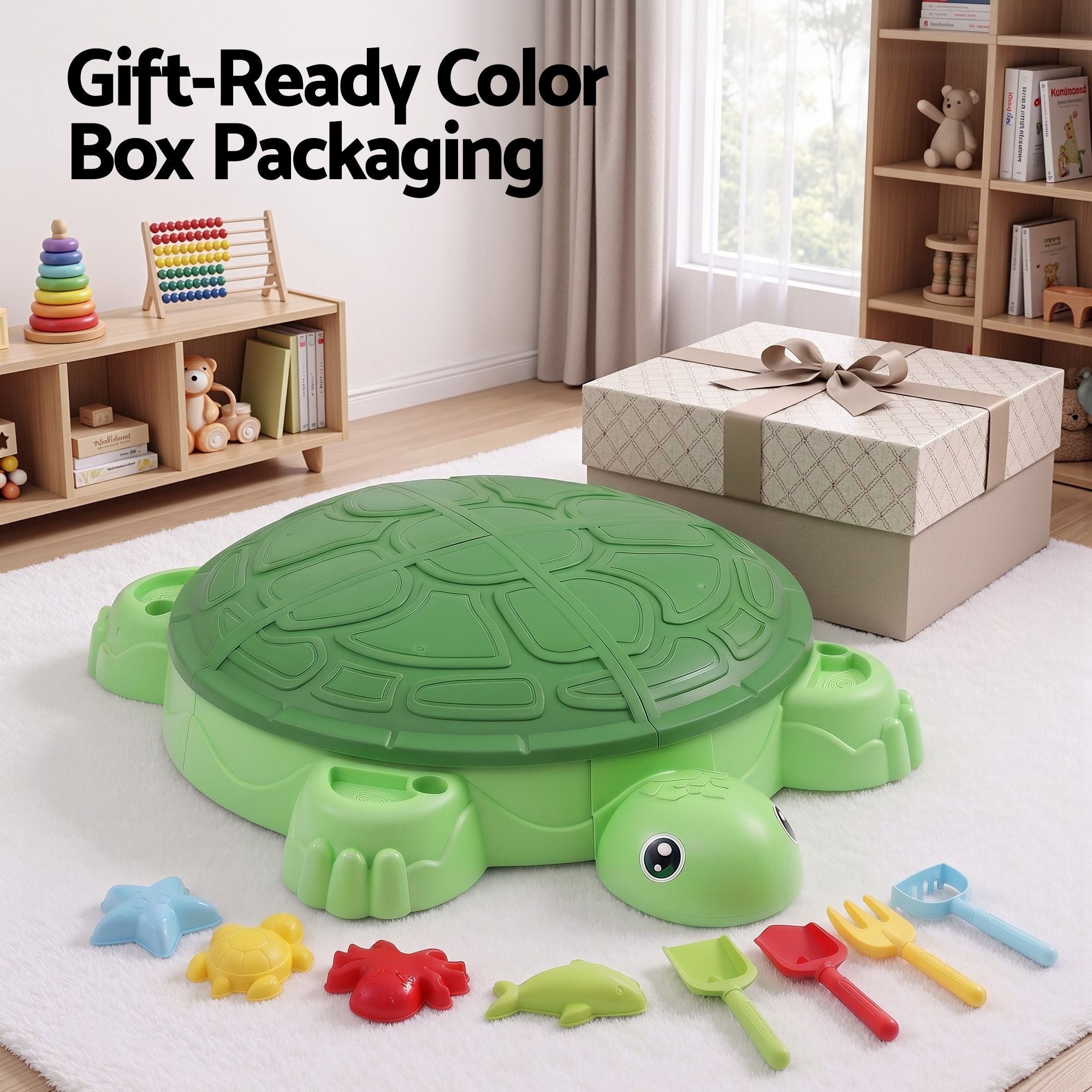 Keezi Kids Sandpit Turtle Sandbox Toys with Umbrella Lid & 8 Accessories Green