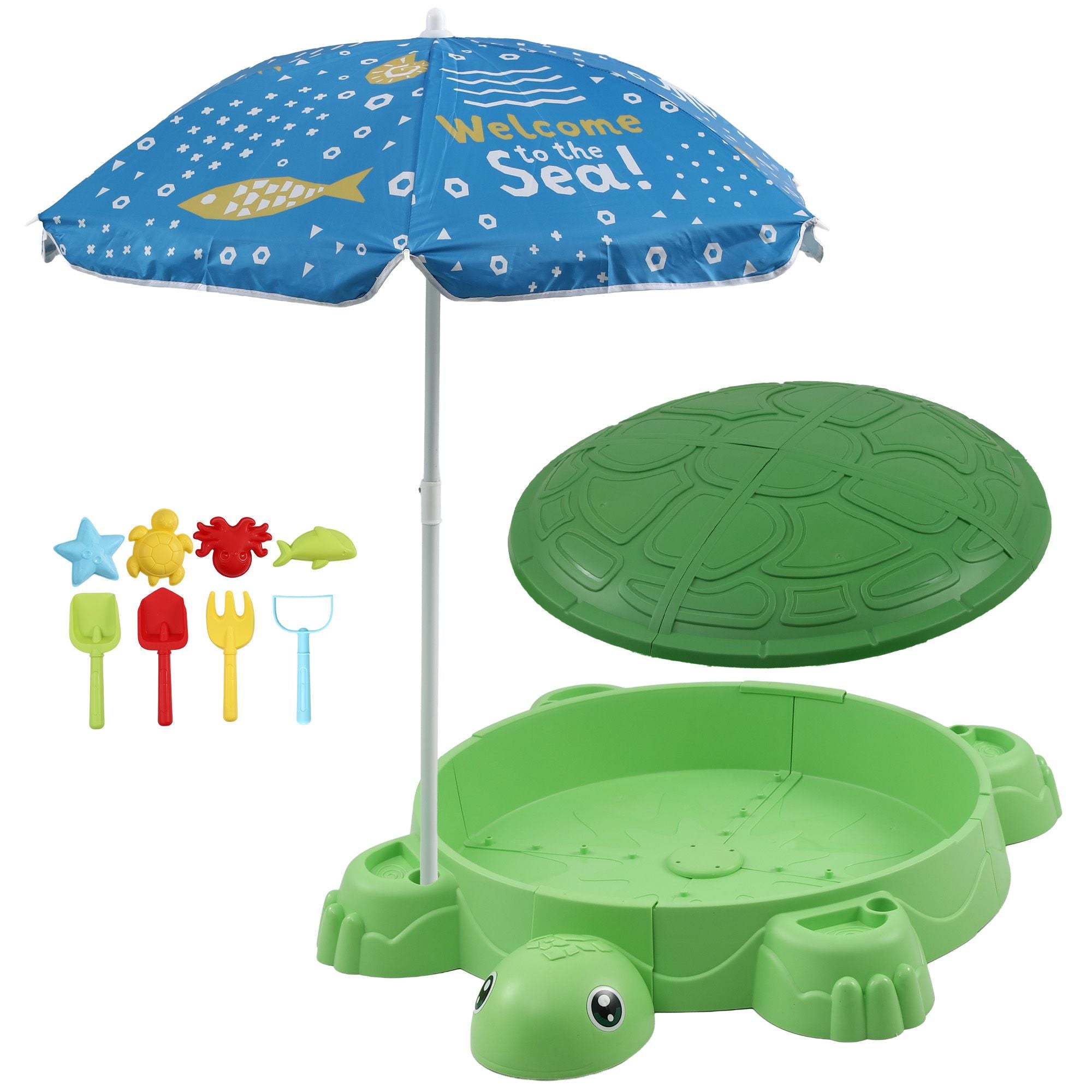 Keezi Kids Sandpit Turtle Sandbox Toys with Umbrella Lid & 8 Accessories Green