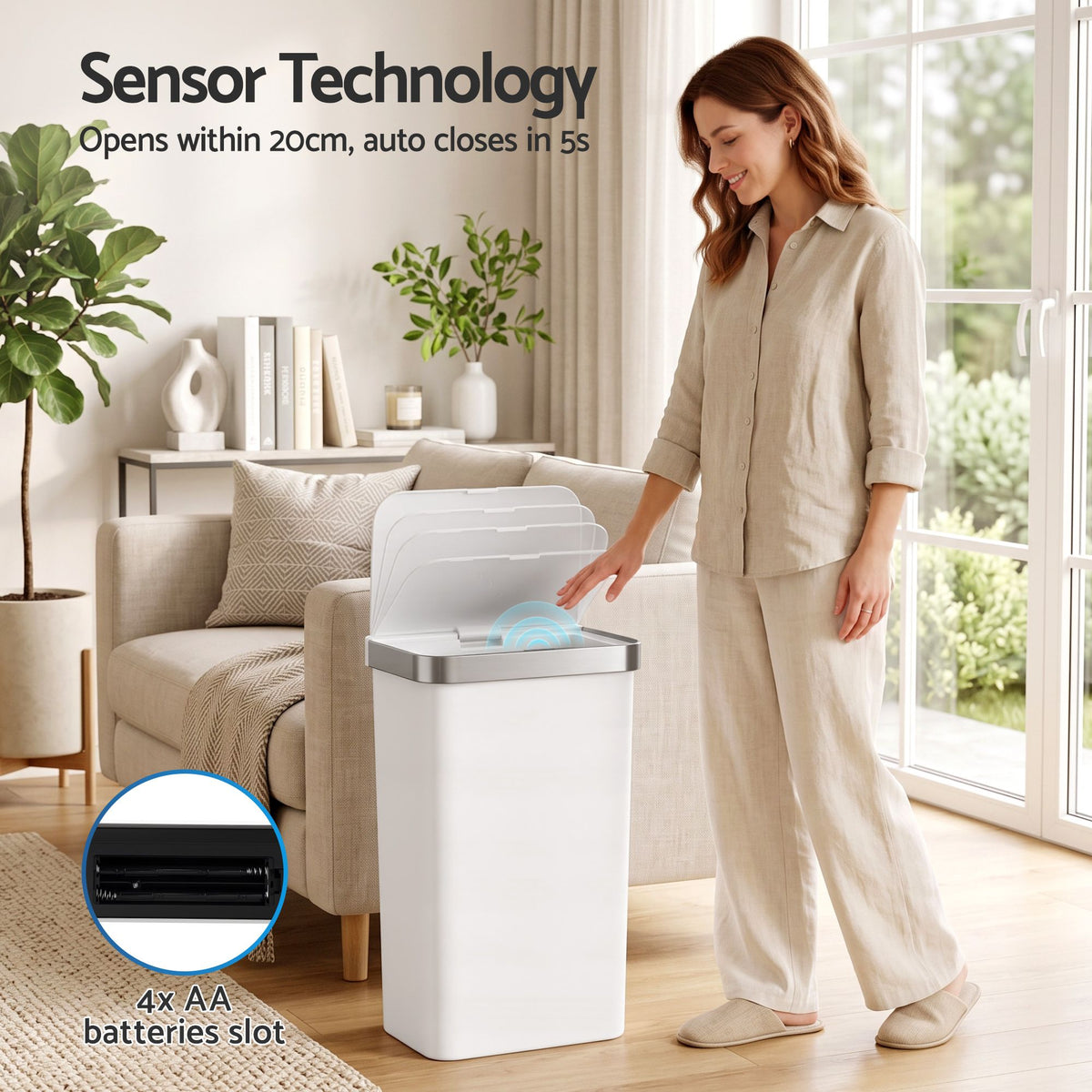Devanti 50L Motion Sensor Trash Bin Automatic Kitchen Waste Dustbin White