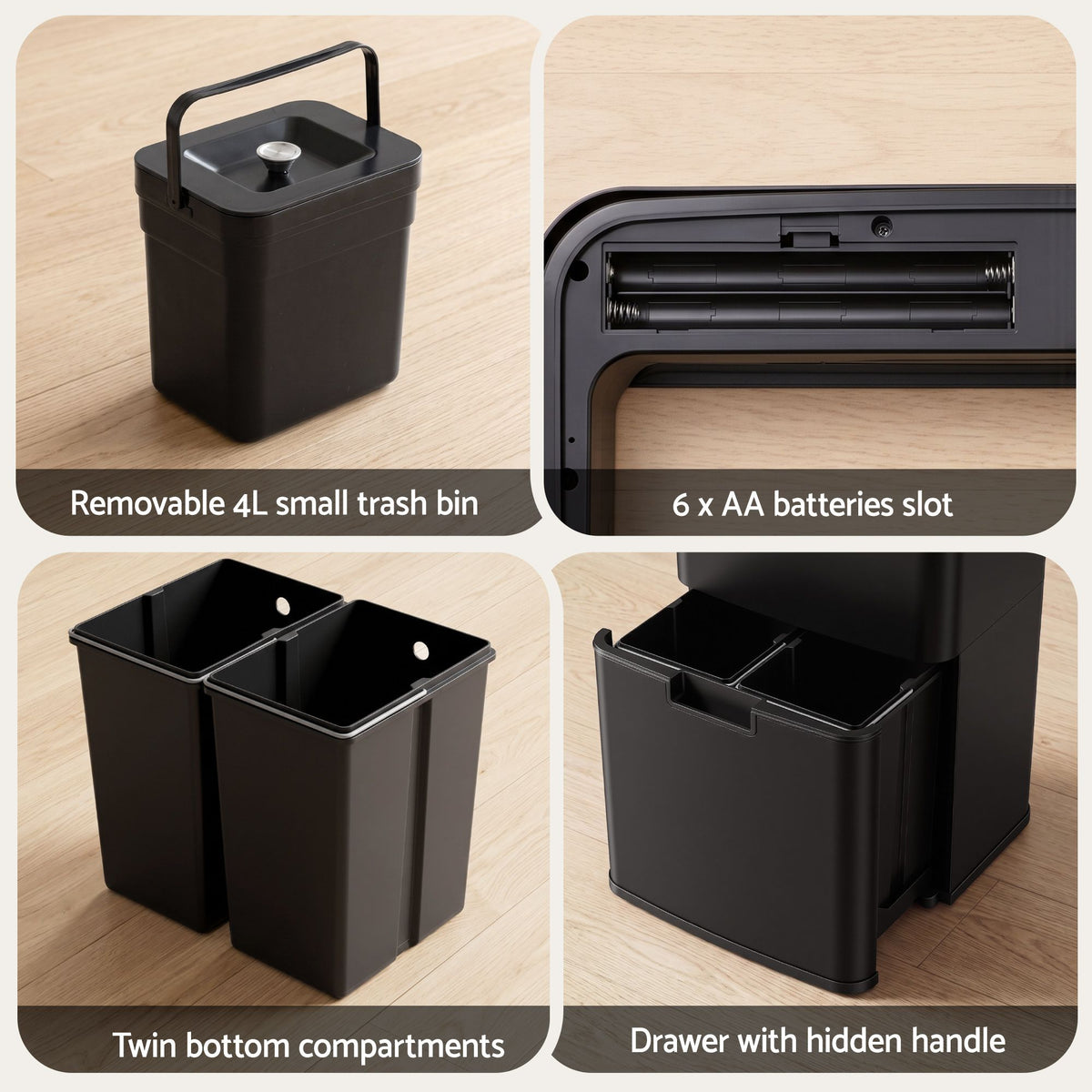 Devanti 72L Sensor Bin 4-in-1 Compartment Stainless Steel Trash Can Black