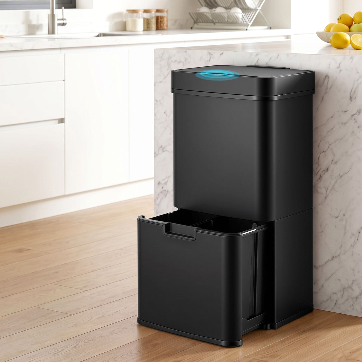 Devanti 72L Sensor Bin 4-in-1 Compartment Stainless Steel Trash Can Black