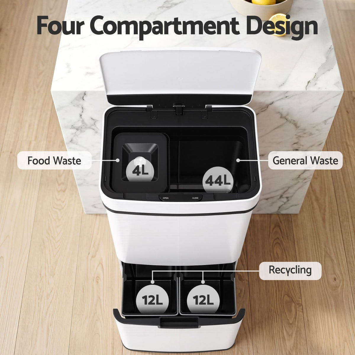 Devanti 72L Sensor Bin 4-in-1 Compartment Stainless Steel Trash Can White