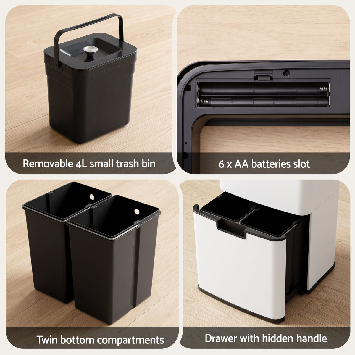 Devanti 72L Sensor Bin 4-in-1 Compartment Stainless Steel Trash Can White
