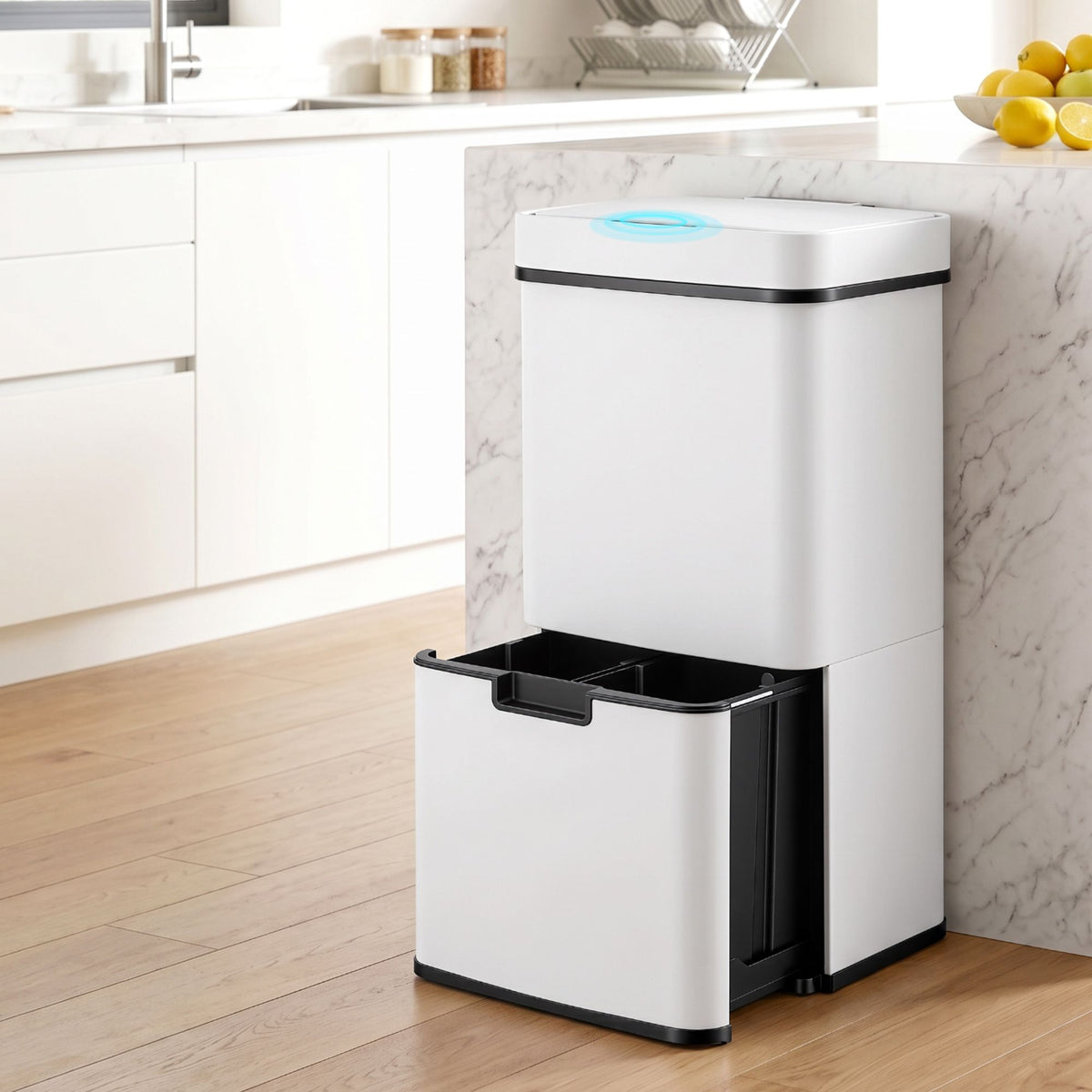 Devanti 72L Sensor Bin 4-in-1 Compartment Stainless Steel Trash Can White