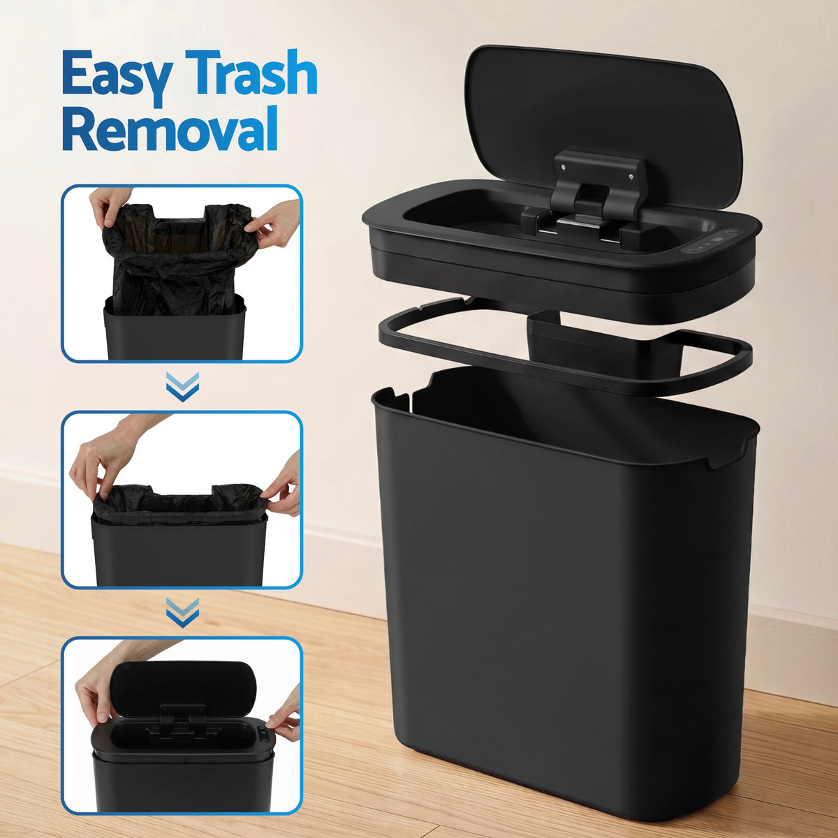 Devanti Automatic Trash Bin 2PCS with Lid 11L Motion Sensor Kitchen Bin Touchless Garbage Can Modern Black Plastic Slim Rubbish Bin with Liner Holder