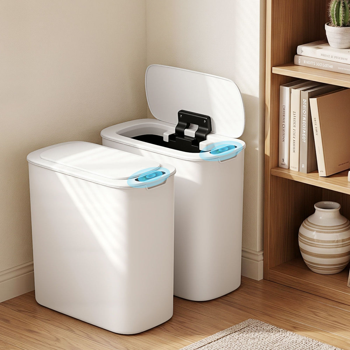 Devanti Automatic Trash Bin 2PCS with Lid 11L Motion Sensor Kitchen Bin Touchless Garbage Can Modern White Plastic Slim Rubbish Bin with Liner Holder