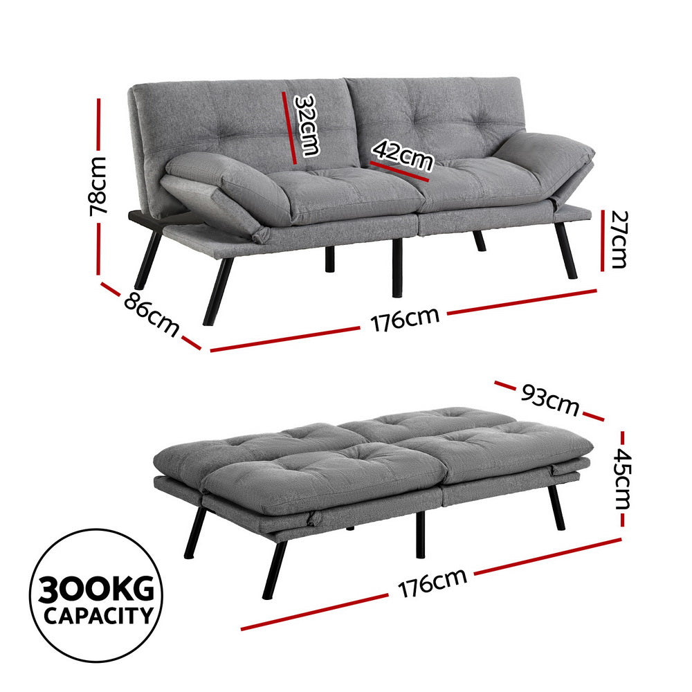 Artiss Sofa Bed Convertible 3 Seater Couch Recliner Lounge Chair Fabric Grey