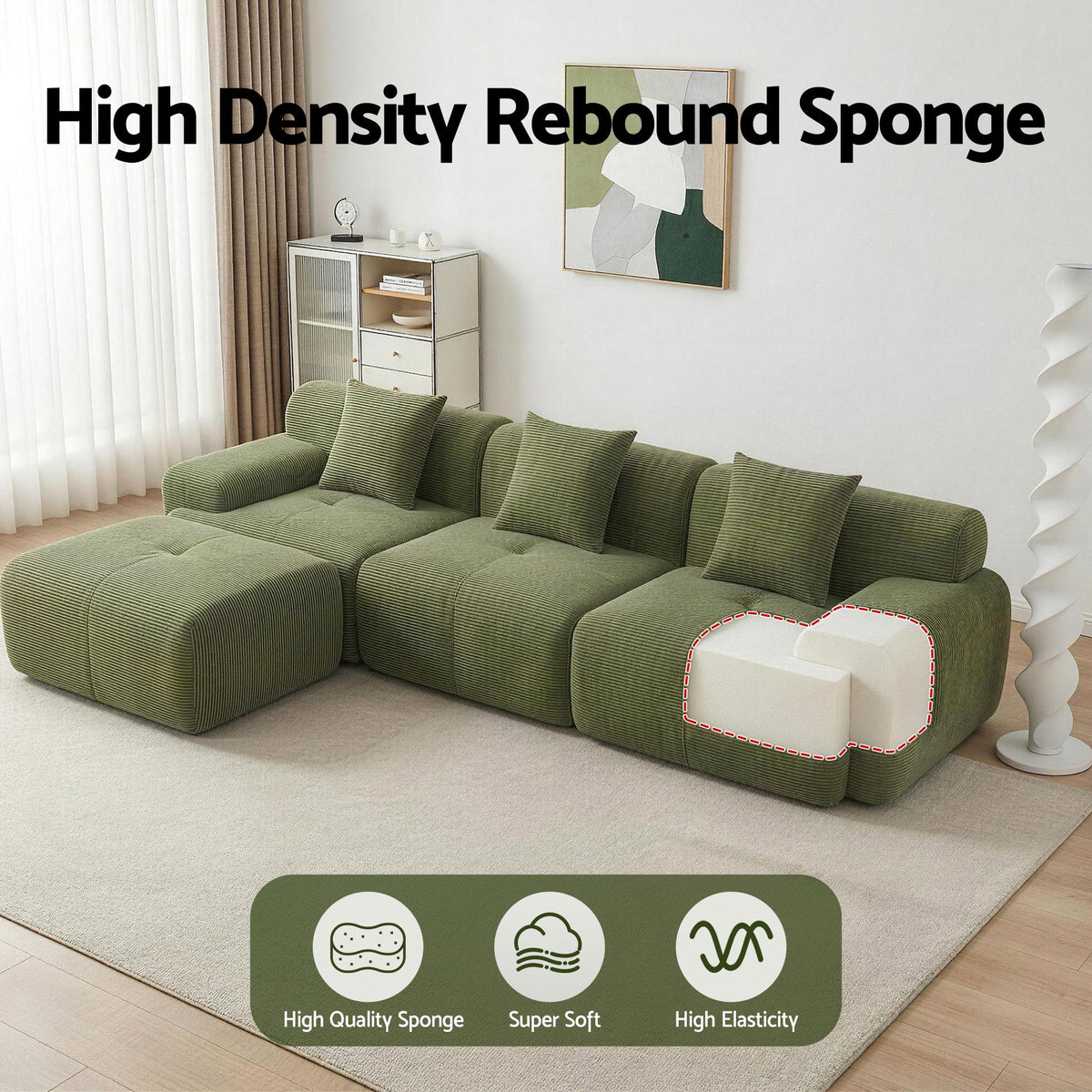 Artiss 300cm Modular Sofa Bed Comfort L-Shaped Sectional Boneless Couch Green