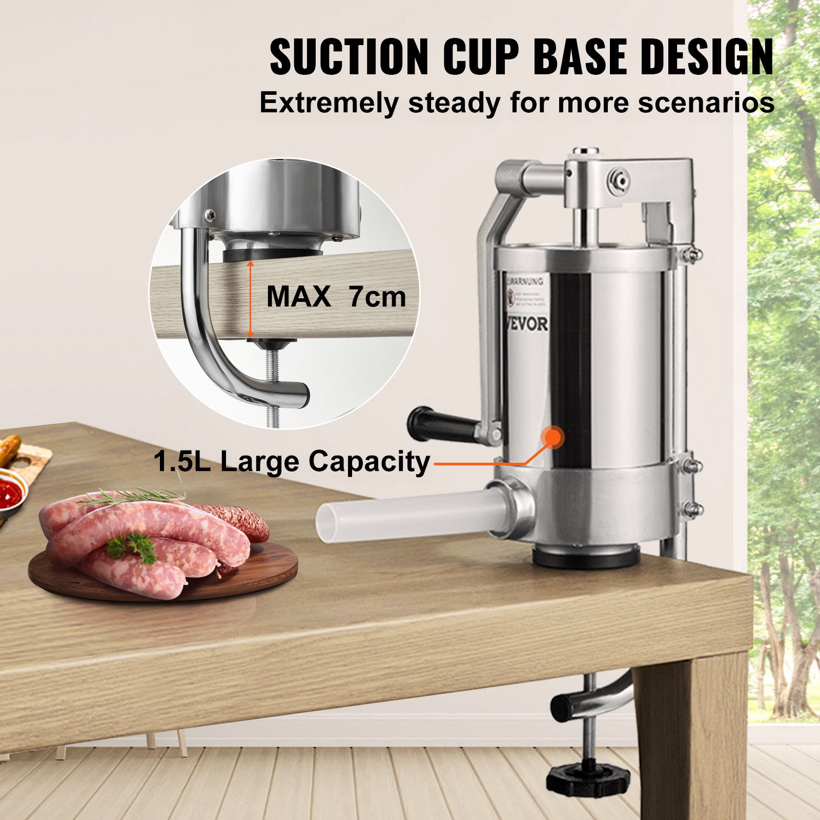 Sausage Stuffer 2.5lbs/1.5L Vertical Stainless Steel Stuffer 3 Tubes Crank