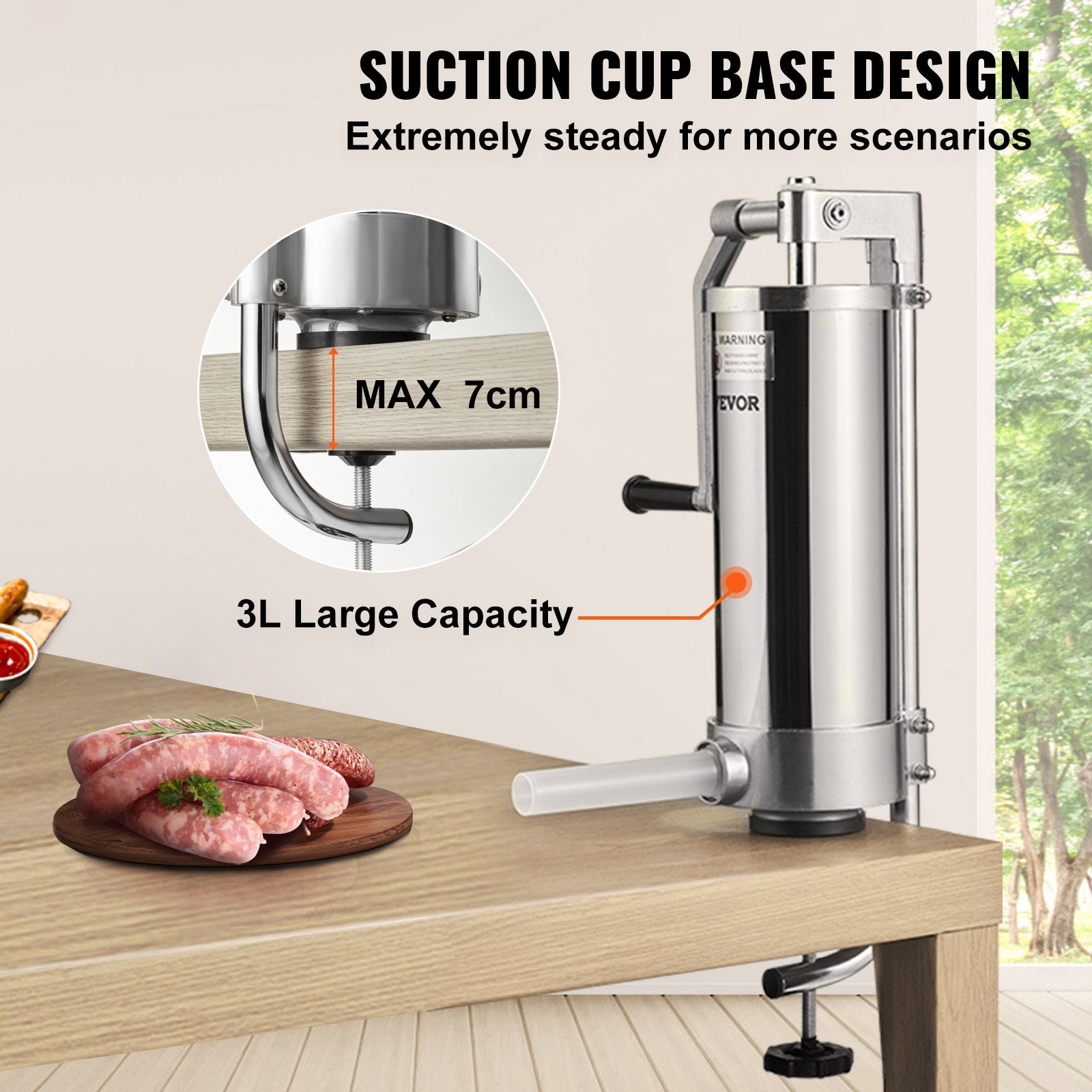 Sausage Stuffer 5lbs/3L Vertical Stainless Steel Stuffer 3 Tubes Manual Crank