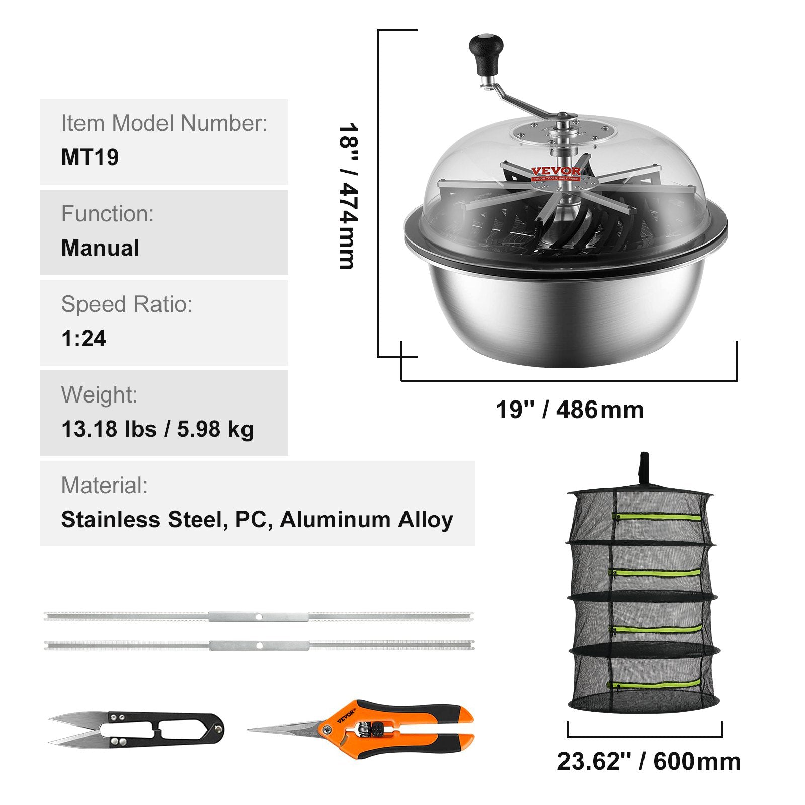 Leaf Bowl Trimmer 19" Manual Bud Trimmer with Stainless Steel Blades