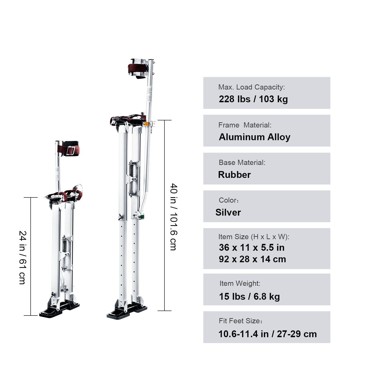 Adjustable Aluminum Drywall Stilts 24-40 inch with Knee Pads Silver