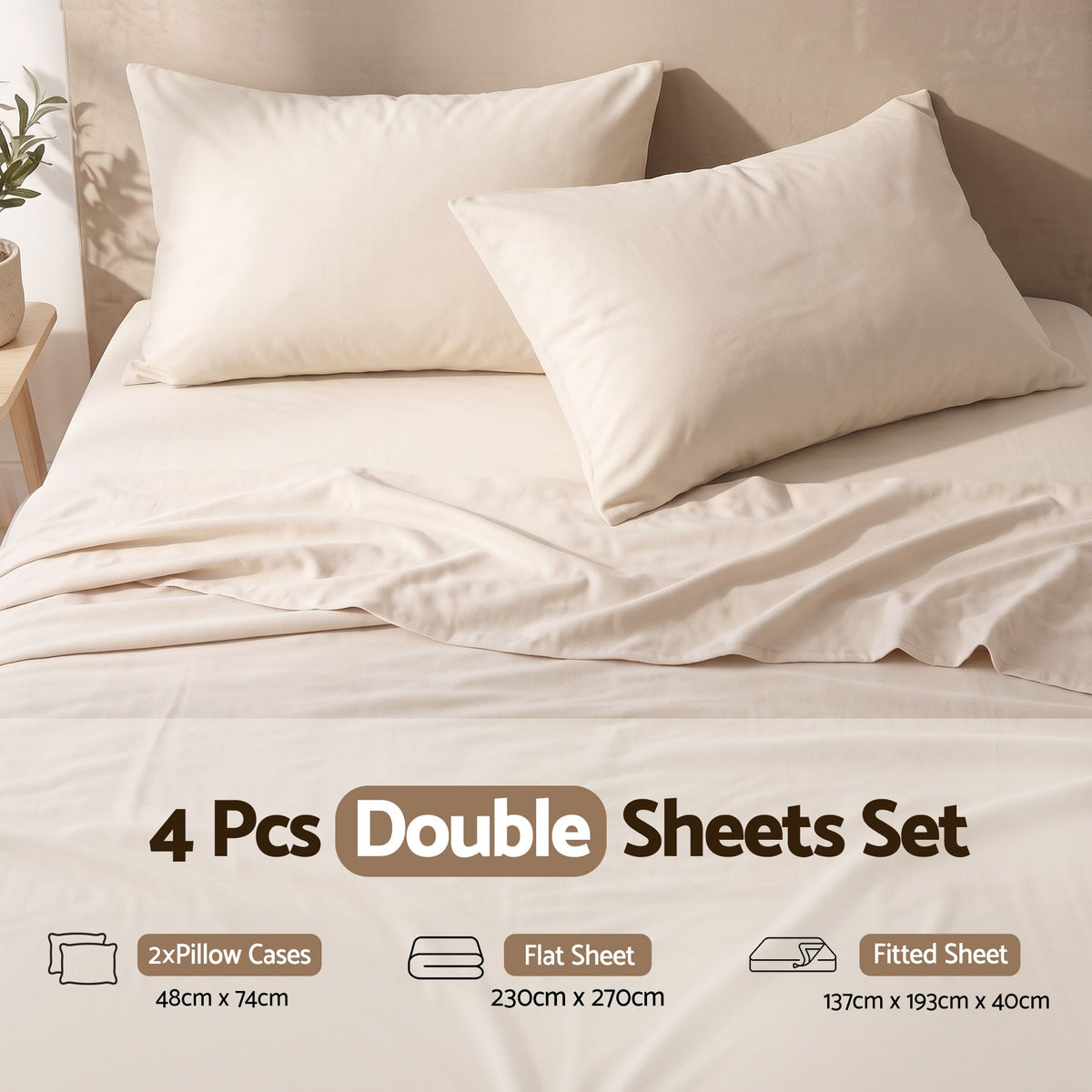 Giselle Double Sheet Set 150GSM Anti-pilling Micro Flannel 4 Piece Cream White