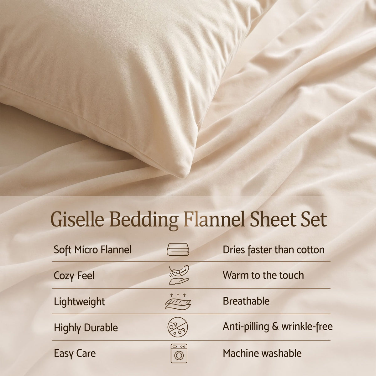 Giselle Double Sheet Set 150GSM Anti-pilling Micro Flannel 4 Piece Cream White