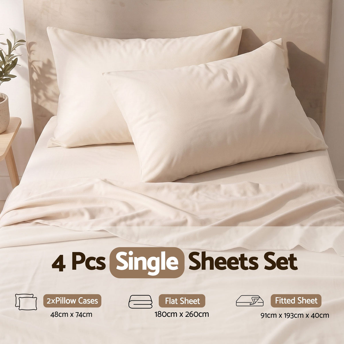 Giselle Single Sheet Set 150GSM Anti-pilling Micro Flannel 4 Piece Cream White